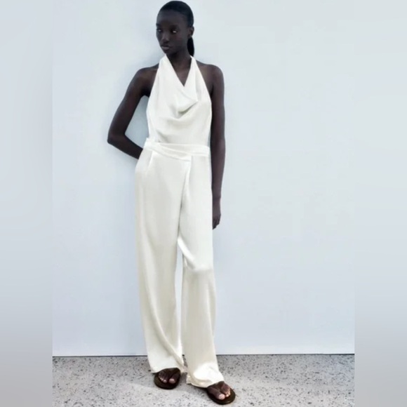 Zara SATIN EFFECT HALTER JUMPSUIT. Ecru. Size S. New with Tags. - Picture 1 of 11